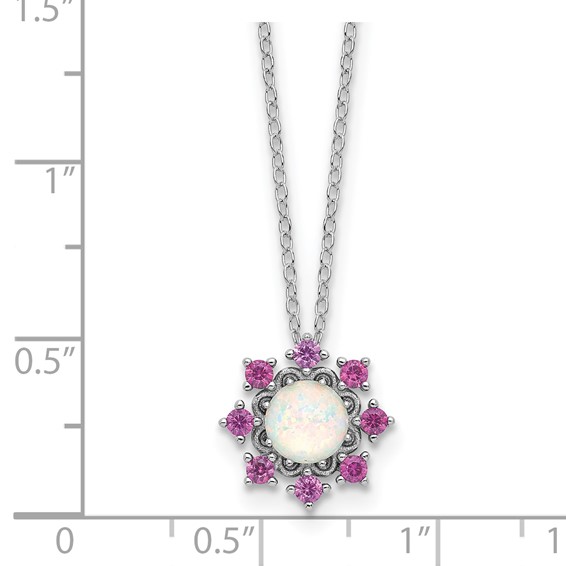 Cheryl M Sterling Silver Rhodium-plated Polished Created Opal and Pink Crystal Flower Necklace