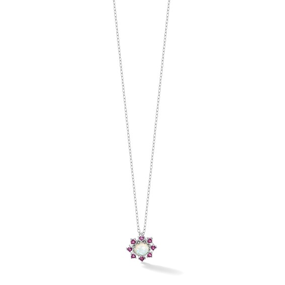 Cheryl M Sterling Silver Rhodium-plated Polished Created Opal and Pink Crystal Flower Necklace