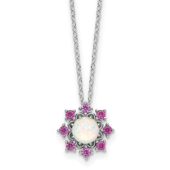 Cheryl M Sterling Silver Rhodium-plated Polished Created Opal and Pink Crystal Flower Necklace