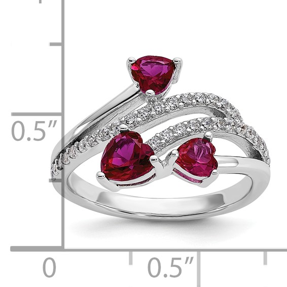 Cheryl M Sterling Silver Rhodium-plated Polished Lab Created Ruby and CZ Hearts Ring