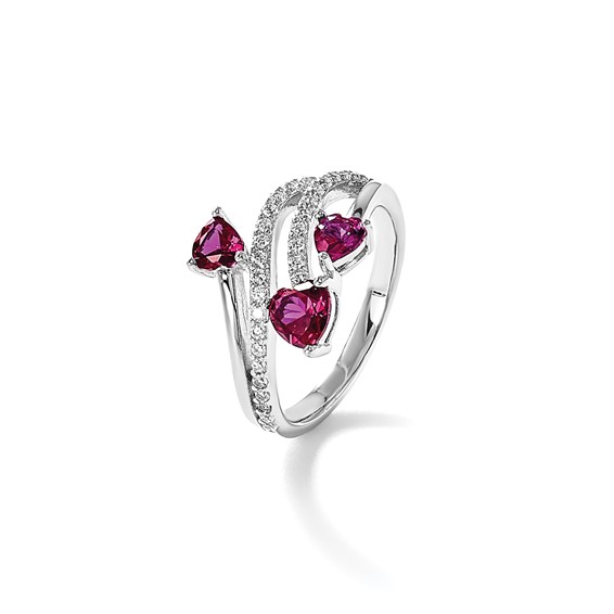 Cheryl M Sterling Silver Rhodium-plated Polished Lab Created Ruby and CZ Hearts Ring