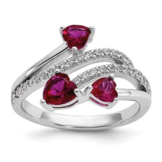 Cheryl M Sterling Silver Rhodium-plated Polished Lab Created Ruby and CZ Hearts Ring