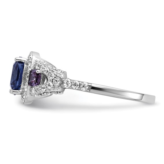 Cheryl M Sterling Silver Rhodium-plated Polished Fancy Blue Purple and White CZ Halo Ring
