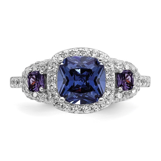 Cheryl M Sterling Silver Rhodium-plated Polished Fancy Blue Purple and White CZ Halo Ring