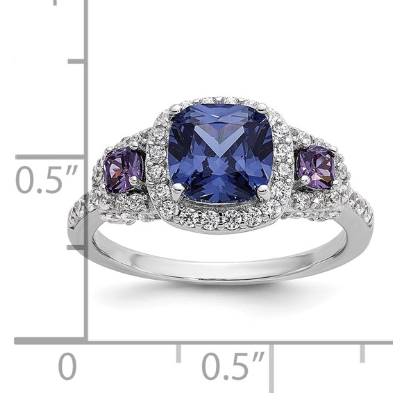 Cheryl M Sterling Silver Rhodium-plated Polished Fancy Blue Purple and White CZ Halo Ring