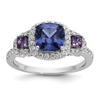 Cheryl M Sterling Silver Rhodium-plated Polished Fancy Blue Purple and White CZ Halo Ring