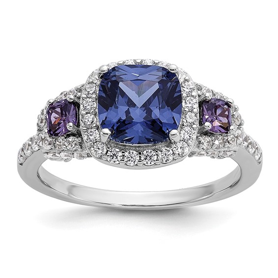 Cheryl M Sterling Silver Rhodium-plated Polished Fancy Blue Purple and White CZ Halo Ring