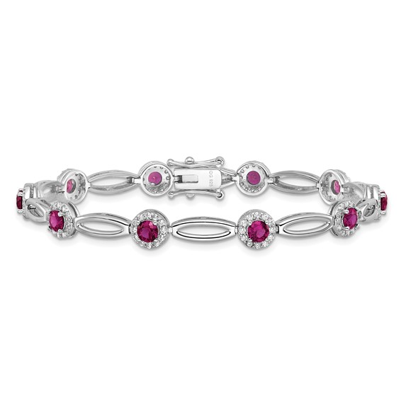 Cheryl M Sterling Silver Rhodium-plated Polished Fancy Lab Created Ruby and CZ Halo Bracelet