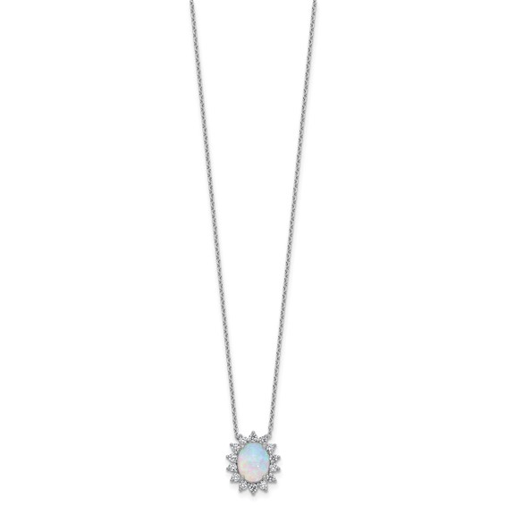 Cheryl M Sterling Silver Rhodium-plated Polished Created Opal and CZ Oval Halo Necklace