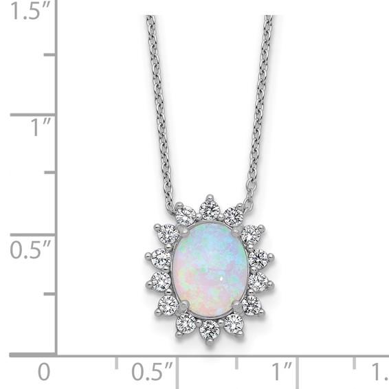 Cheryl M Sterling Silver Rhodium-plated Polished Created Opal and CZ Oval Halo Necklace