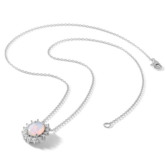 Cheryl M Sterling Silver Rhodium-plated Polished Created Opal and CZ Oval Halo Necklace