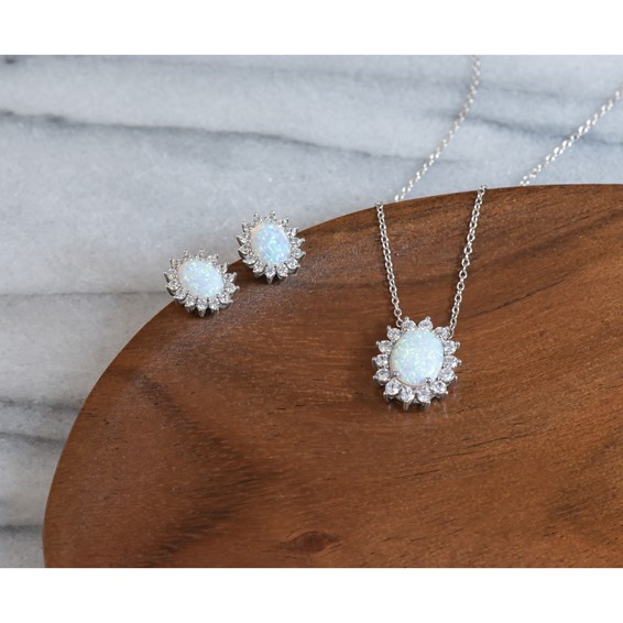 Cheryl M Sterling Silver Rhodium-plated Polished Created Opal and CZ Oval Halo Necklace