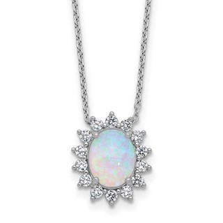 Cheryl M Sterling Silver Rhodium-plated Polished Created Opal and CZ Oval Halo Necklace