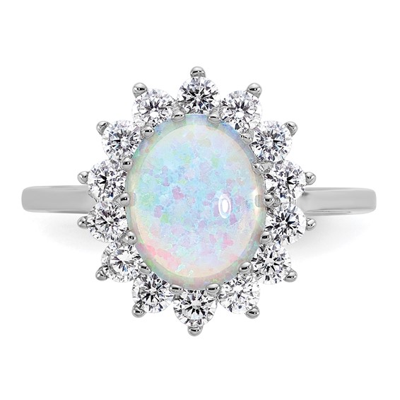 Cheryl M Sterling Silver Rhodium-plated Polished Created Opal and CZ Oval Halo Ring