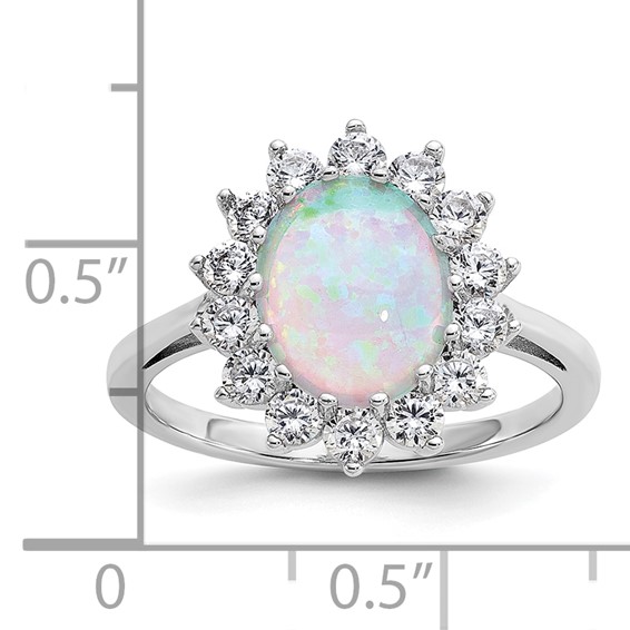 Cheryl M Sterling Silver Rhodium-plated Polished Created Opal and CZ Oval Halo Ring