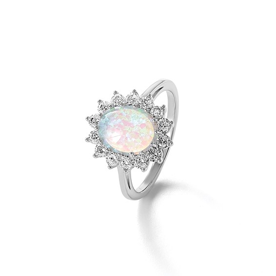 Cheryl M Sterling Silver Rhodium-plated Polished Created Opal and CZ Oval Halo Ring