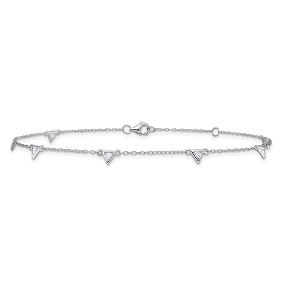 Cheryl M Sterling Silver Rhodium-plated Polished Trillion-cut CZ 9.5 Inch with 1 Inch Extension Anklet