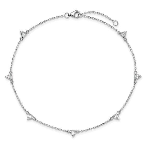Cheryl M Sterling Silver Rhodium-plated Polished Trillion-cut CZ 9.5 Inch with 1 Inch Extension Anklet