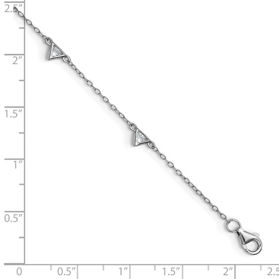 Cheryl M Sterling Silver Rhodium-plated Polished Trillion-cut CZ 9.5 Inch with 1 Inch Extension Anklet