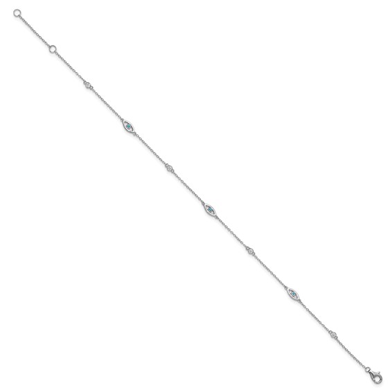 Cheryl M Sterling Silver Rhodium-plated Polished Blue Glass and CZ Evil Eye 9.5 Inch with 1 Inch Extension Anklet