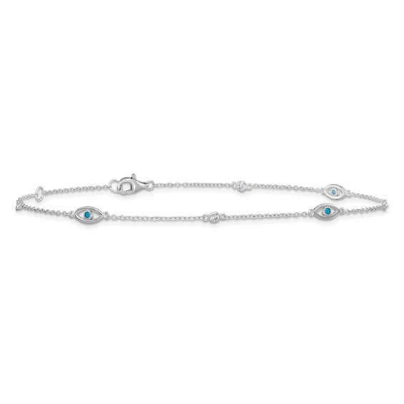 Cheryl M Sterling Silver Rhodium-plated Polished Blue Glass and CZ Evil Eye 9.5 Inch with 1 Inch Extension Anklet
