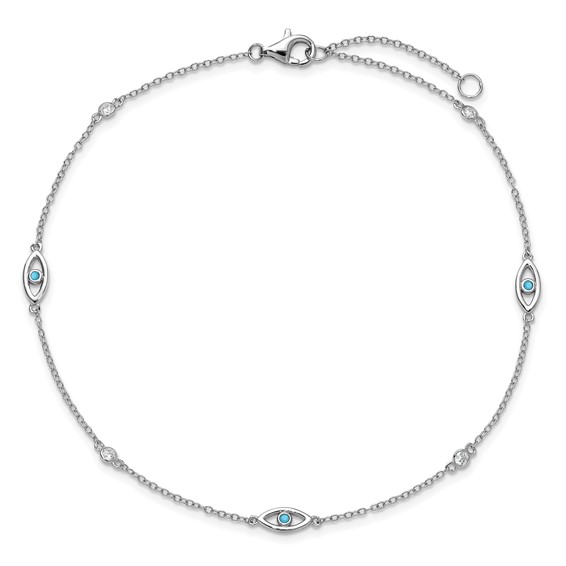 Cheryl M Sterling Silver Rhodium-plated Polished Blue Glass and CZ Evil Eye 9.5 Inch with 1 Inch Extension Anklet