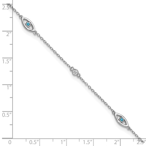 Cheryl M Sterling Silver Rhodium-plated Polished Blue Glass and CZ Evil Eye 9.5 Inch with 1 Inch Extension Anklet