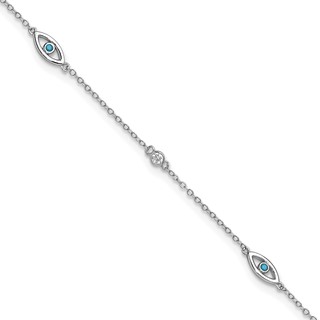 Cheryl M Sterling Silver Rhodium-plated Polished Blue Glass and CZ Evil Eye 9.5 Inch with 1 Inch Extension Anklet