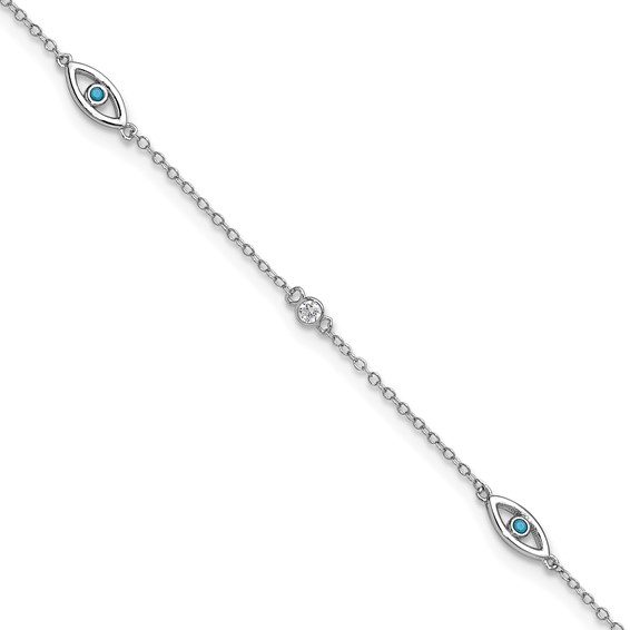 Cheryl M Sterling Silver Rhodium-plated Polished Blue Glass and CZ Evil Eye 9.5 Inch with 1 Inch Extension Anklet