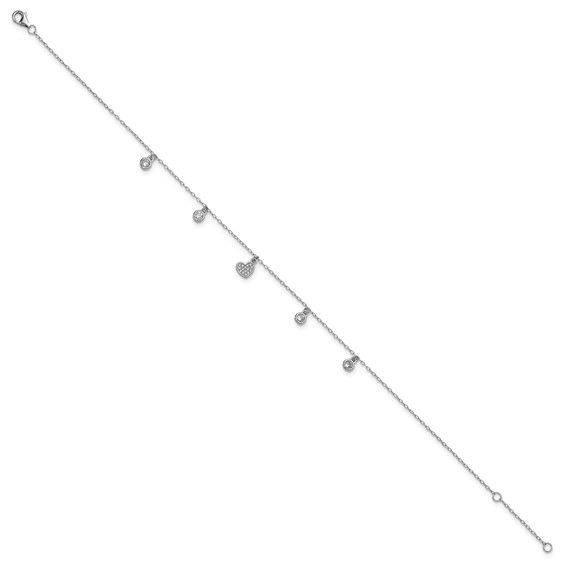 Cheryl M Sterling Silver Rhodium-plated Polished CZ Heart 9.5 Inch with 1 Inch Extension Anklet