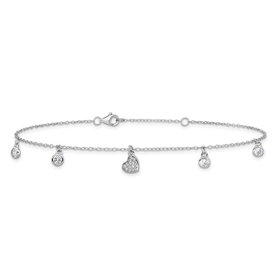 Cheryl M Sterling Silver Rhodium-plated Polished CZ Heart 9.5 Inch with 1 Inch Extension Anklet