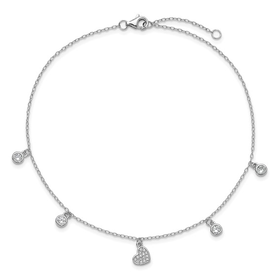 Cheryl M Sterling Silver Rhodium-plated Polished CZ Heart 9.5 Inch with 1 Inch Extension Anklet