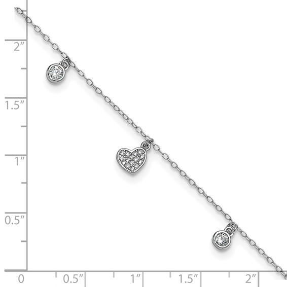 Cheryl M Sterling Silver Rhodium-plated Polished CZ Heart 9.5 Inch with 1 Inch Extension Anklet