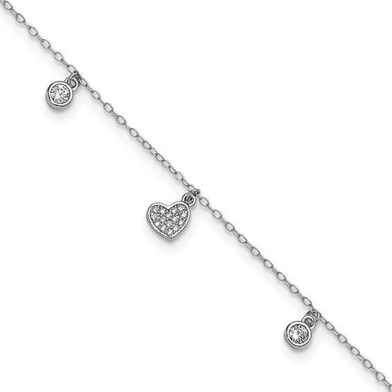 Cheryl M Sterling Silver Rhodium-plated Polished CZ Heart 9.5 Inch with 1 Inch Extension Anklet