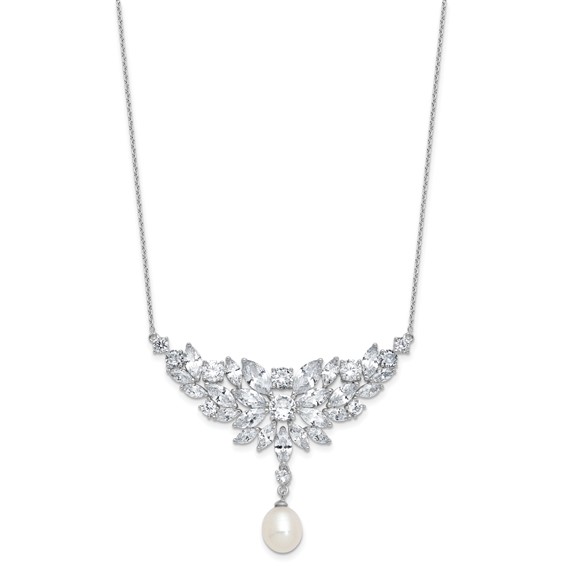 Cheryl M Sterling Silver Rhodium-plated Polished Fancy Freshwater Cultured Pearl and CZ Necklace