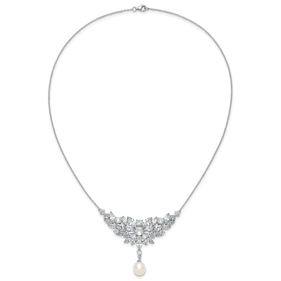 Cheryl M Sterling Silver Rhodium-plated Polished Fancy Freshwater Cultured Pearl and CZ Necklace