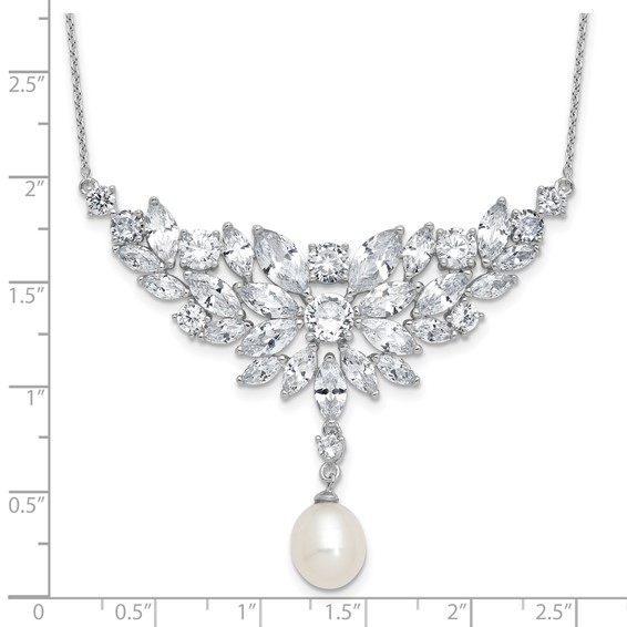 Cheryl M Sterling Silver Rhodium-plated Polished Fancy Freshwater Cultured Pearl and CZ Necklace