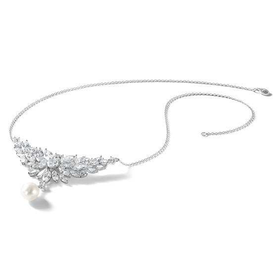 Cheryl M Sterling Silver Rhodium-plated Polished Fancy Freshwater Cultured Pearl and CZ Necklace