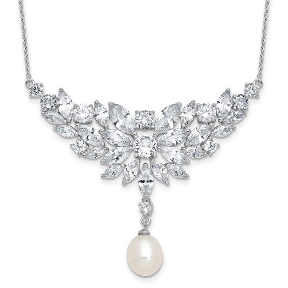 Cheryl M Sterling Silver Rhodium-plated Polished Fancy Freshwater Cultured Pearl and CZ Necklace