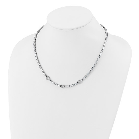 Cheryl M Sterling Silver Rhodium-plated Polished CZ Hearts Necklace