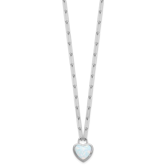 Cheryl M Sterling Silver Rhodium-plated Polished Created Opal Heart Paperclip Link Necklace