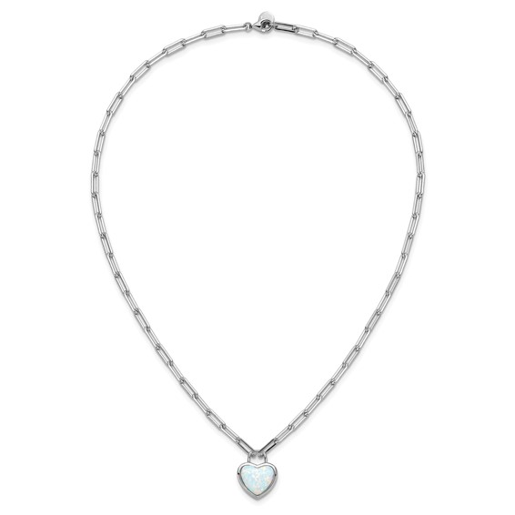 Cheryl M Sterling Silver Rhodium-plated Polished Created Opal Heart Paperclip Link Necklace