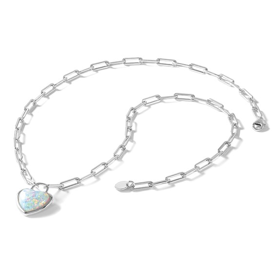 Cheryl M Sterling Silver Rhodium-plated Polished Created Opal Heart Paperclip Link Necklace