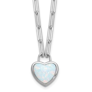 Cheryl M Sterling Silver Rhodium-plated Polished Created Opal Heart Paperclip Link Necklace