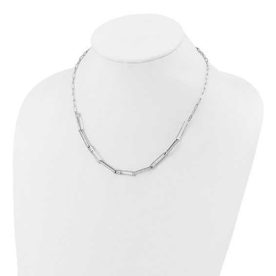 Cheryl M Sterling Silver Rhodium-plated Polished Fancy CZ Rectangular and Paperclip Link Necklace