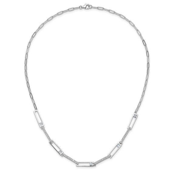 Cheryl M Sterling Silver Rhodium-plated Polished Fancy CZ Rectangular and Paperclip Link Necklace