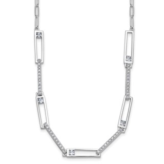 Cheryl M Sterling Silver Rhodium-plated Polished Fancy CZ Rectangular and Paperclip Link Necklace