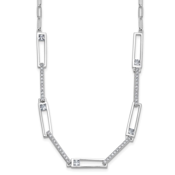 Cheryl M Sterling Silver Rhodium-plated Polished Fancy CZ Rectangular and Paperclip Link Necklace