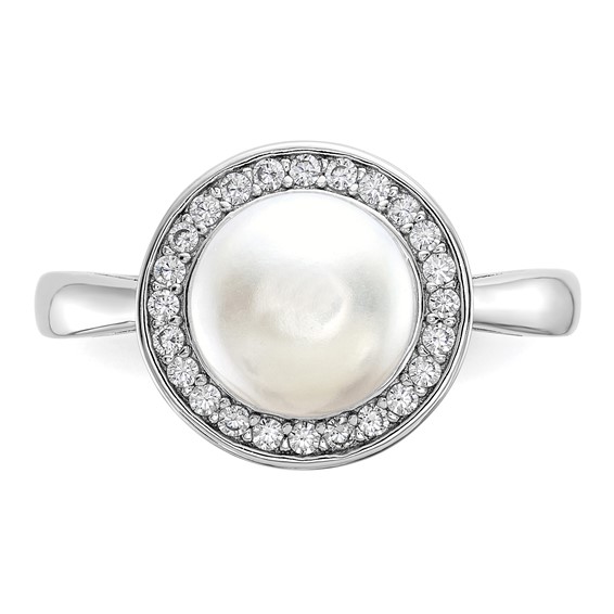 Cheryl M Sterling Silver Rhodium-plated Polished Freshwater Cultured Pearl and CZ Halo Ring