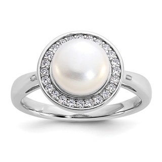 Cheryl M Sterling Silver Rhodium-plated Polished Freshwater Cultured Pearl and CZ Halo Ring